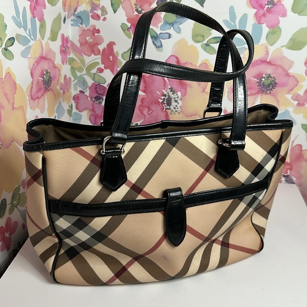💯Authentic BURBERRY HAYMARKET CHECK TOTE BAG LEATHER HANDBAGS WOMEN🍀 - Picture 8 of 17